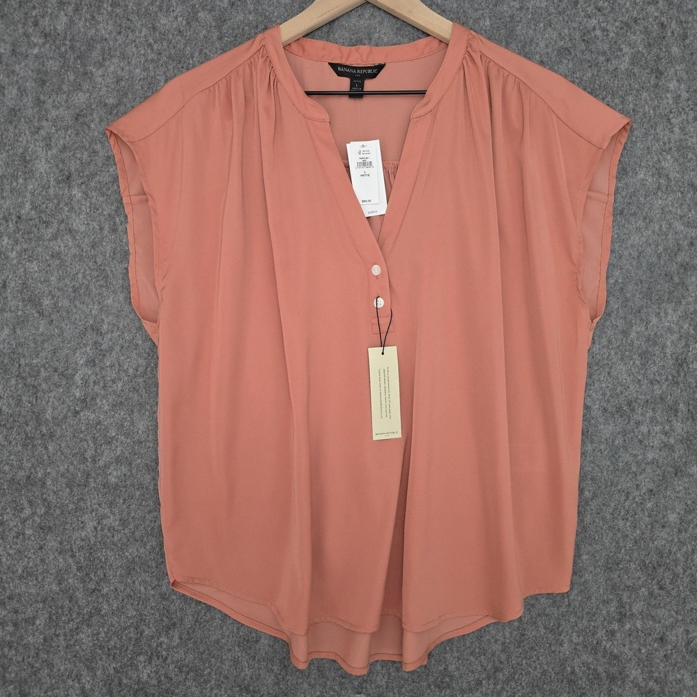 Banana Republic Blouse Women L Petite Pink Amaretti Button V Neck Cap Sleeve Top